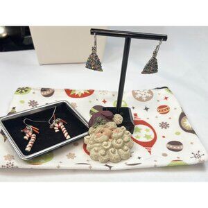 Christmas-Themed Candy Cane & Tree Earrings With Santa Pin On Festive Pouch